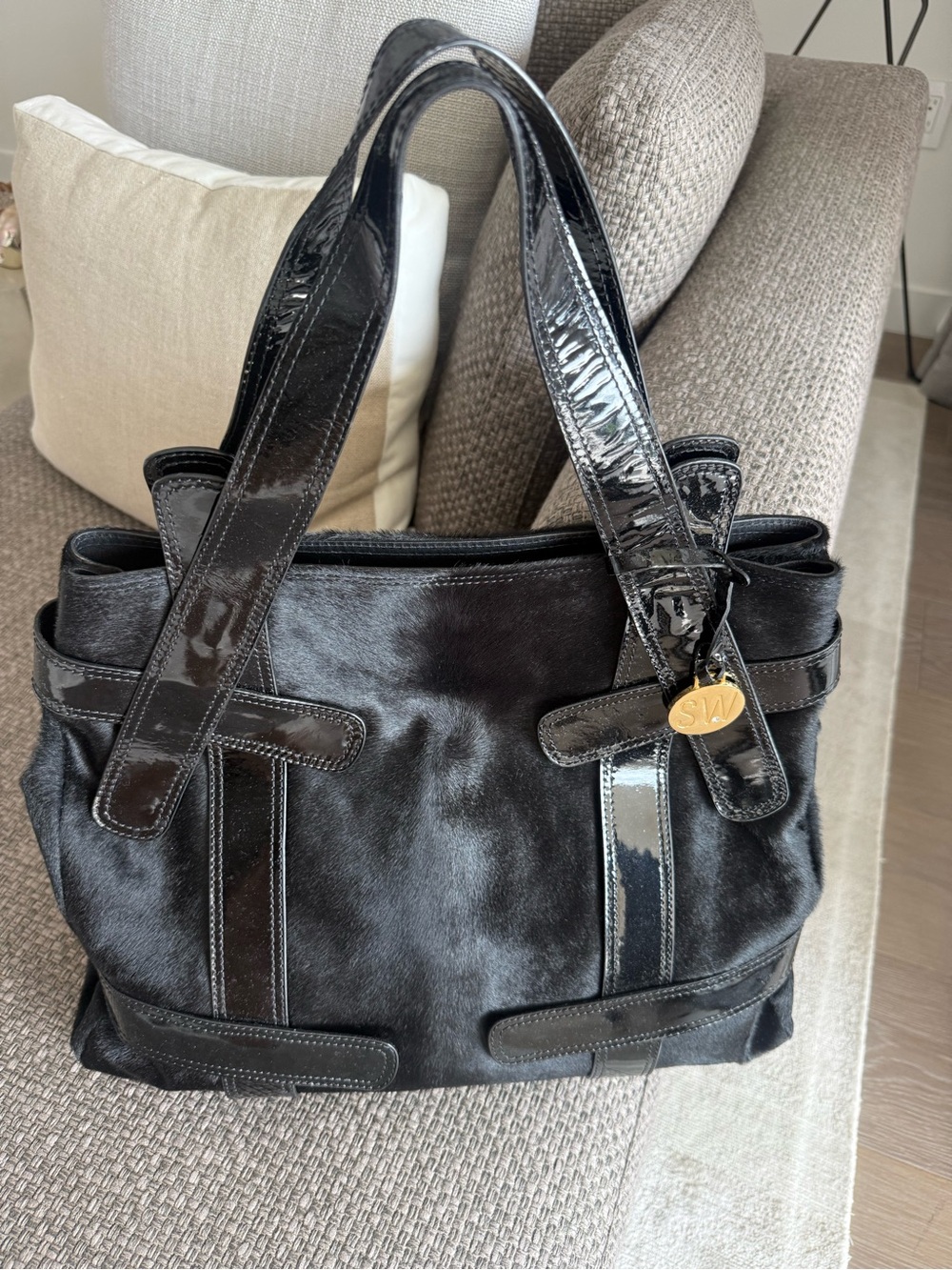 Black Patent Trim Pony Hair Tote with Gold Charm